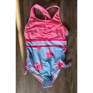 Girls Pink Blue Hibiscus Floral One Piece Swimsuit Size 7T Ruched Bow Side Ties